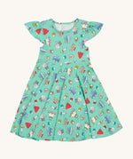Frugi kids lets bake Morwenna skater dress - GOTS organic cotton Frugi skater dress in light green, short sleeves and a gentle frill. Features different prints of  cakes, ice creams and puddings.