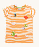Frugi kids lifeboat stripe veg t-shirt - GOTS organic cotton kids t-shirt with orange and white stripes and orange neck trim. Features an appliqué of a bee with grey wings, a red apple, purple radish, red beetrooth and lilac flowers. 