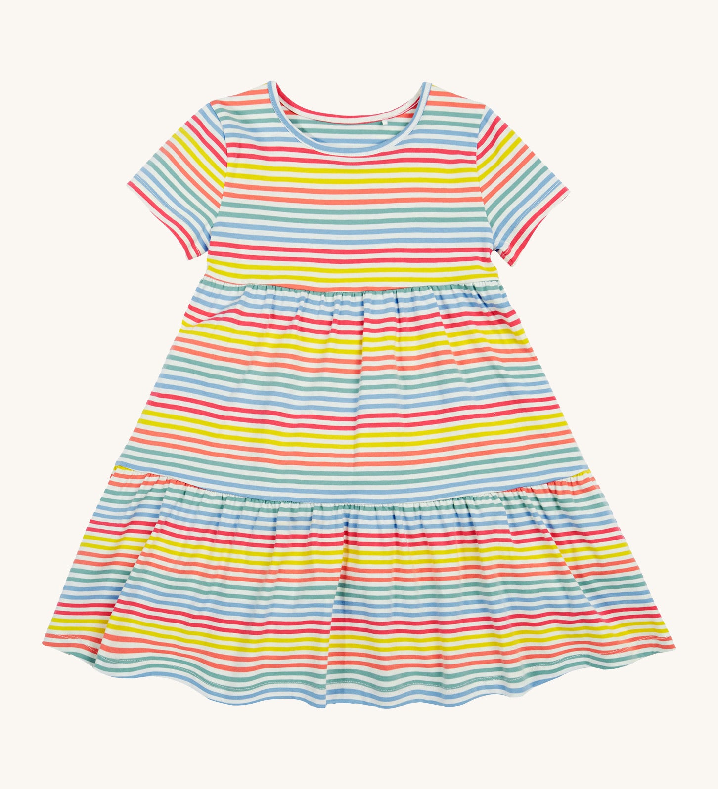 Frugi kids Lucy dress cornflower rainbow stripe - GOTS organic cotton kids dress with short sleeve and a pastel stripe design with a gentle frill hem