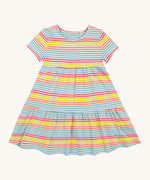 Frugi kids Lucy dress cornflower rainbow stripe - GOTS organic cotton kids dress with short sleeve and a pastel stripe design with a gentle frill hem