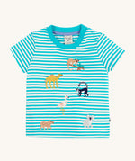Frugi kids moss stripe wildlife t-shirt - GOTS organic cotton kids t-shirt with blue and white stripes, short sleeves, light blue neck trim and shoulder popper fasteners for easy fitting. Features a lemur, camel, pelican koala and capybara applique 