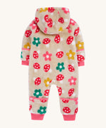 The back of the Frugi kids recycled cosy snuggle suit in mushroom fields. showing the hood and pink cuffs detail on recycled textile fabric