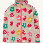 Frugi kids mushroom field ted fleece. A neutral colour long sleeve thick fleece with a mushroom and flowers design Features a full length zip and turn up collar