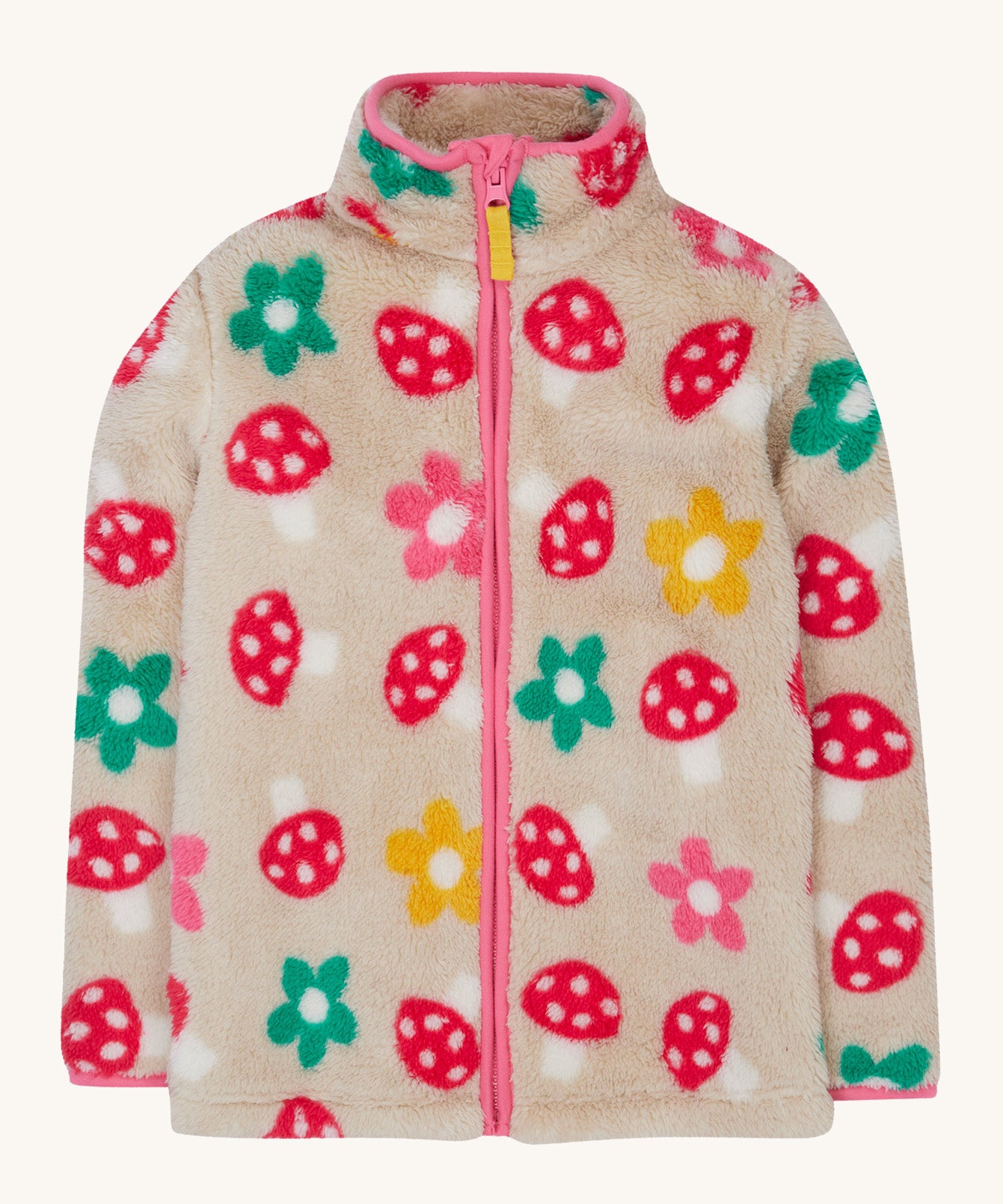 Frugi kids mushroom field ted fleece. A neutral colour long sleeve thick fleece with a mushroom and flowers design Features a full length zip and turn up collar