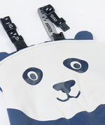 A close up of the panda design on the Frugi navy panda puddle buster trousers. Showing the character design on waterproof fabric and shoulder strap detail. 