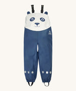 Frugi kids puddle buster trousers in navy with a panda character design on the top. Waterproof trousers with straps to go over the shoulder and a elastic band on the cuff for a secure fit. Features reflective stars on the bottom of each leg. 