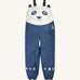 Frugi kids puddle buster trousers in navy with a panda character design on the top. Waterproof trousers with straps to go over the shoulder and a elastic band on the cuff for a secure fit. Features reflective stars on the bottom of each leg. 