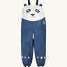 Frugi kids puddle buster trousers in navy with a panda character design on the top. Waterproof trousers with straps to go over the shoulder and a elastic band on the cuff for a secure fit. Features reflective stars on the bottom of each leg. 