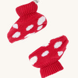 Frugi kids noa knitted booties in red mushroom available at Babipur. 100% GOTS organic cotton soft knitted booties in red with white dots 