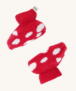 Frugi kids noa knitted booties in red mushroom available at Babipur. 100% GOTS organic cotton soft knitted booties in red with white dots 