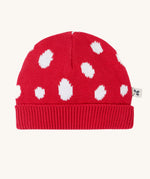 Frugi kids noa knitted hat in red mushroom available at Babipur. A 100% organic cotton soft knitted hat in bright red with white sports with a ribbed turned up brim.