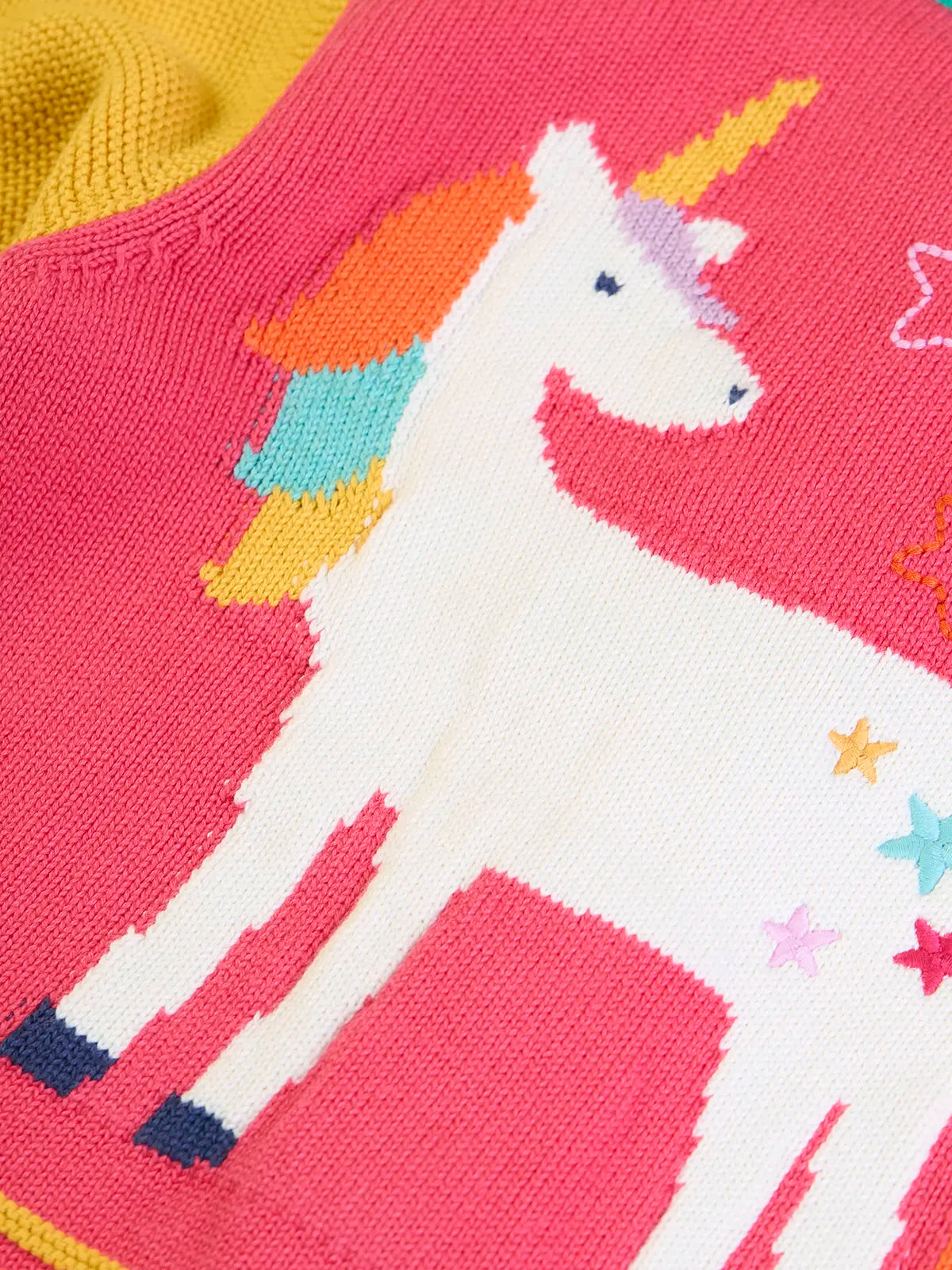 Close up of the unicorn on the back of the Frugi organic cotton cammie cardigan with a hotchpotch unicorn design. The unicorn has a colourful mane and colourful stars on it's body.