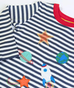 Frugi GOTS 100% organic cotton kids long sleeve top in navy and white stripes and space themed appliques on the front. 