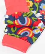 Frugi organic cotton piper printed parsnip jogger with a beautiful bunch floral print showing close up of the pink cuffs