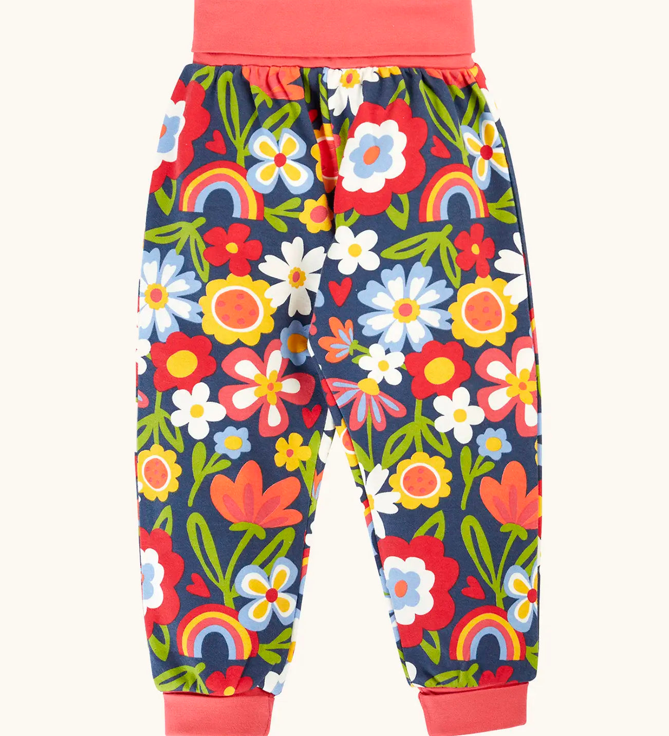 Frugi GOTS organic cotton piper printed parsnip jogger with a beautiful bunch floral print and pink waistband and leg cuffs.