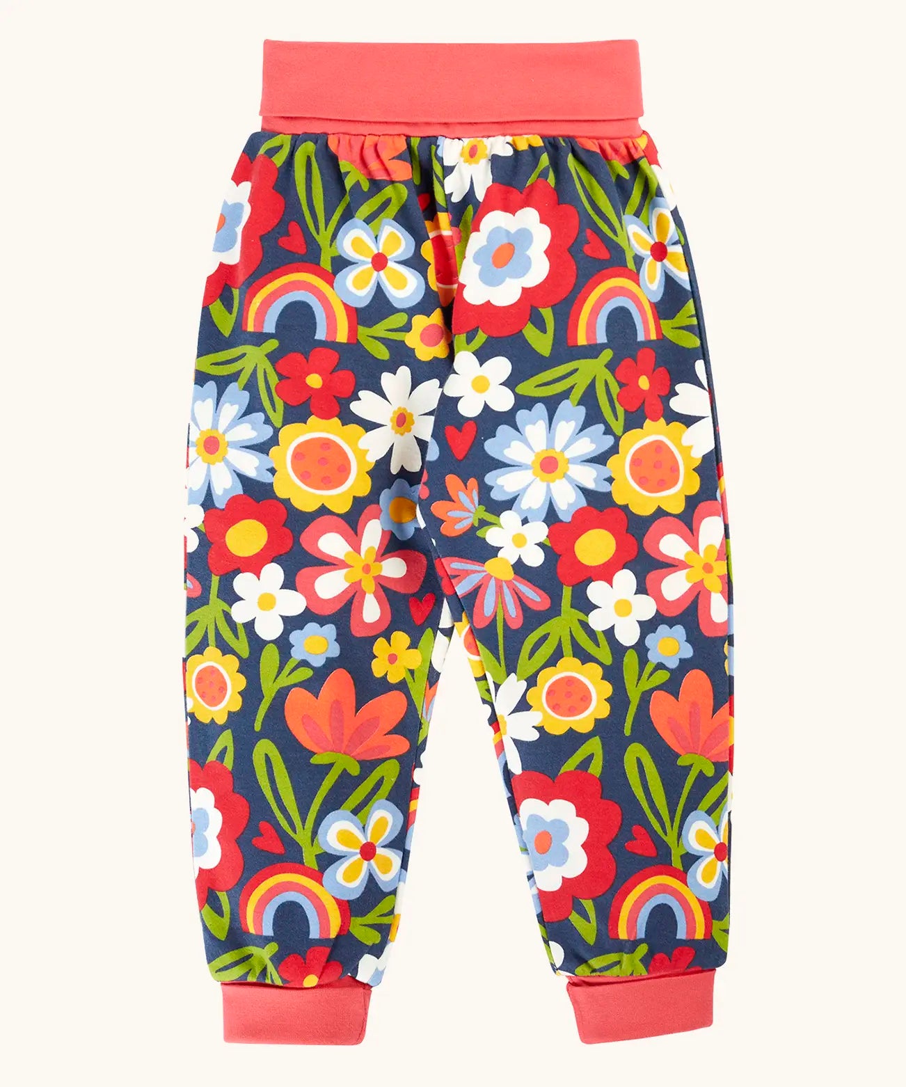 Frugi GOTS organic cotton piper printed parsnip jogger with a beautiful bunch floral print and pink waistband and leg cuffs.