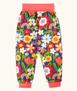 Frugi GOTS organic cotton piper printed parsnip jogger with a beautiful bunch floral print and pink waistband and leg cuffs.