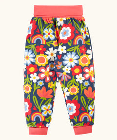 Frugi GOTS organic cotton piper printed parsnip jogger with a beautiful bunch floral print and pink waistband and leg cuffs.