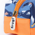 A close up of the Frugi penguin waddle pencil case. Showing the orange trim and zip detail
