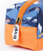 A close up of the Frugi penguin waddle pencil case. Showing the orange trim and zip detail