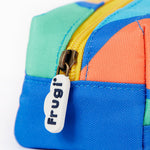 A close up of the Frugi rainbow sun pencil case. Showing the blue trim and zip detail