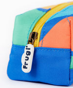 A close up of the Frugi rainbow sun pencil case. Showing the blue trim and zip detail