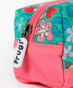 A close up of the Frugi wild woods pencil case. Showing the pink trim and zip detail