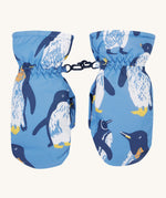 Frugi kids penguin waddle snow mittens. A pair of recycled polyester winter mittens in a light blue with waddling penguins. Features a black clip on each mitten to attach on a ski coat. 
