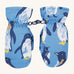 Frugi kids penguin waddle snow mittens. A pair of recycled polyester winter mittens in a light blue with waddling penguins. Features a black clip on each mitten to attach on a ski coat. 