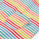 Close up of the Frugi kids cornflower rainbow stripe playsuit showing the small pocket detail on the front on striped organic cotton fabric.