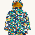 Frugi kids playtime coat in magic stars. A long length navy coat with a playful outer space inspired design and a yellow fleece inner for warmth. Features 2 side pockets and a popper fasteners for a secure fit.