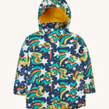 Frugi kids playtime coat in magic stars. A long length navy coat with a playful outer space inspired design and a yellow fleece inner for warmth. Features 2 side pockets and a popper fasteners for a secure fit.