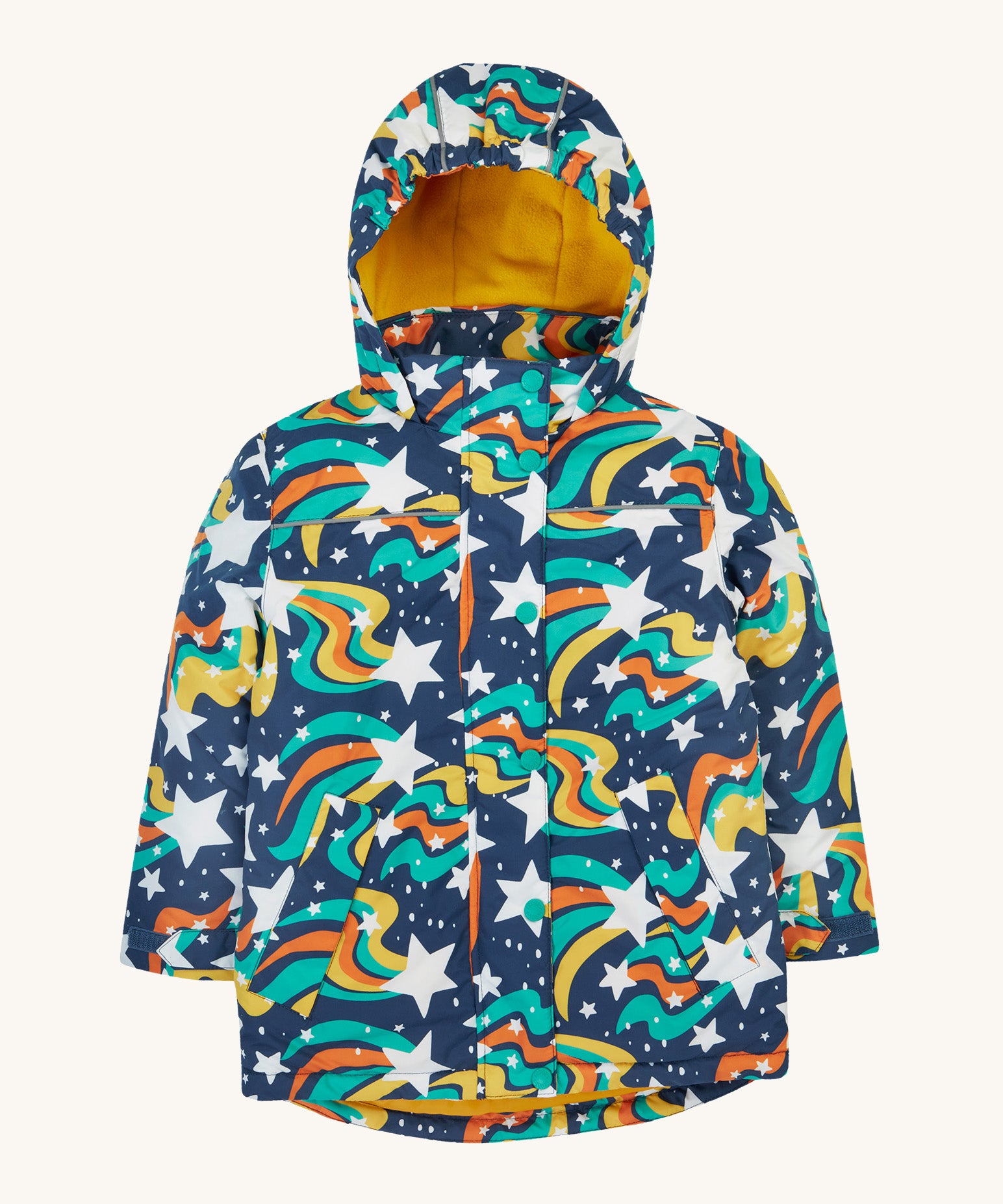 Frugi kids playtime coat in magic stars. A long length navy coat with a playful outer space inspired design and a yellow fleece inner for warmth. Features 2 side pockets and a popper fasteners for a secure fit.