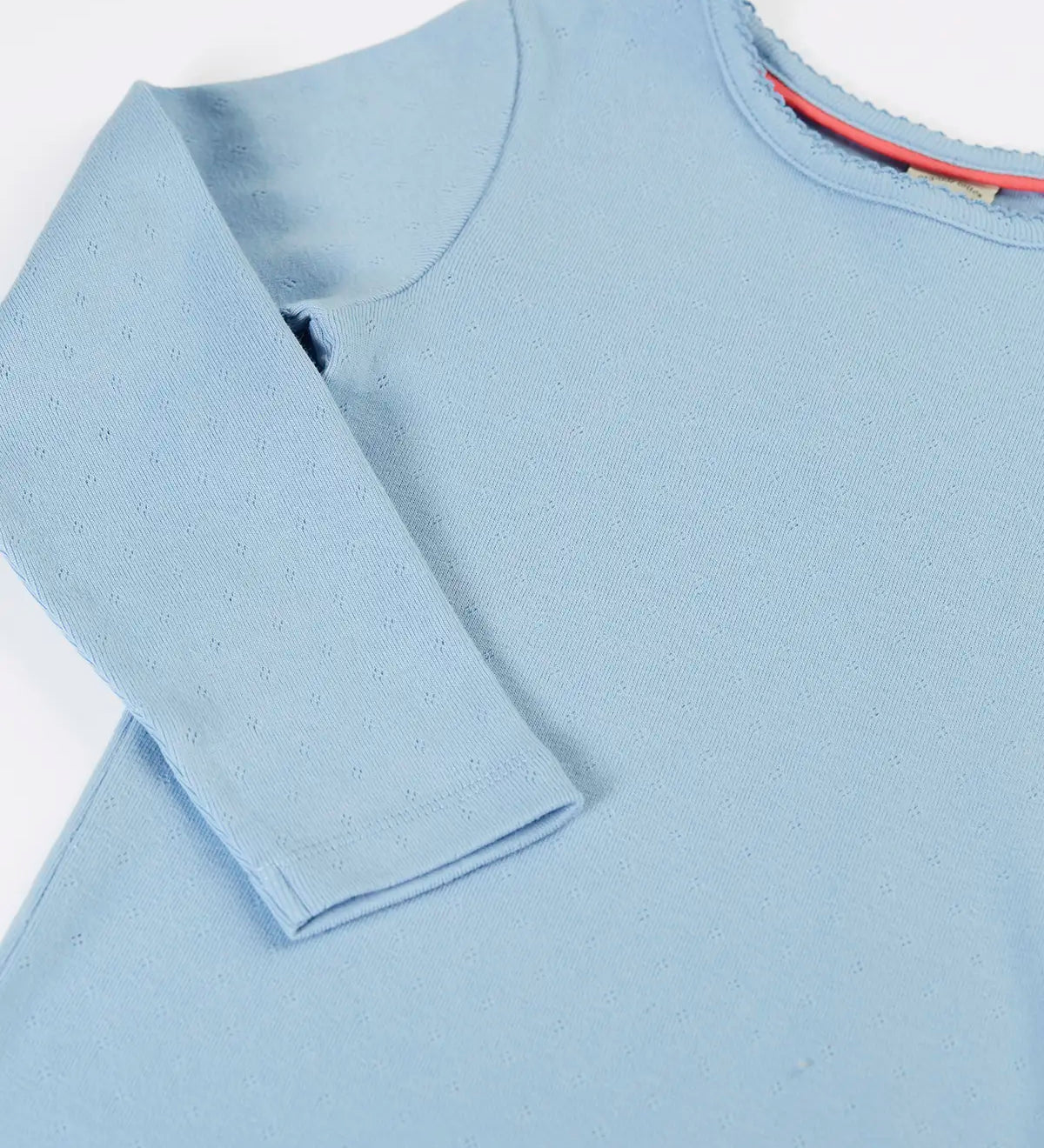 Frugi pointelle long sleeve top in sky blue organic cotton with a picot trim on the neckline