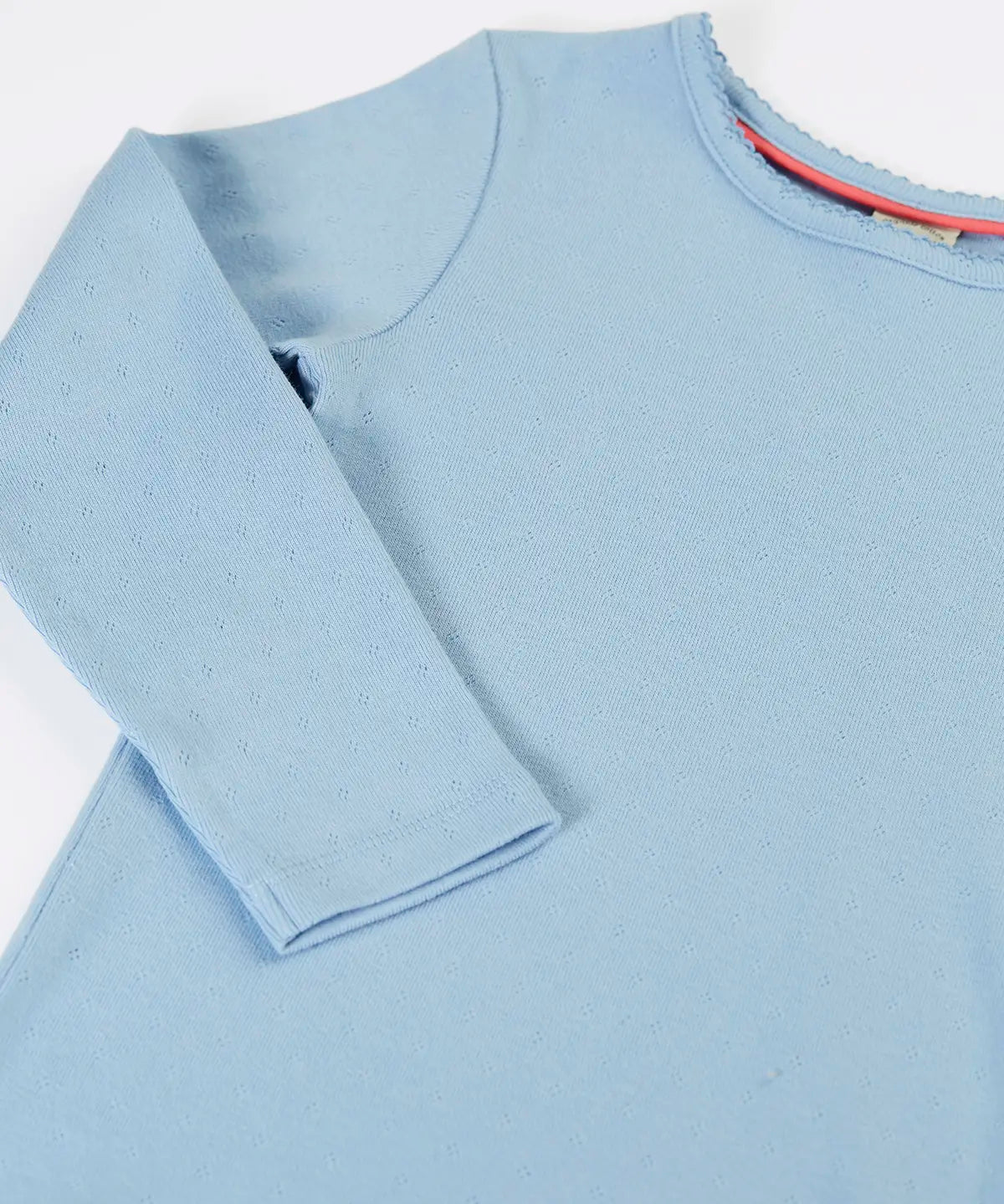 Frugi pointelle long sleeve top in sky blue organic cotton with a picot trim on the neckline