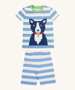 Frugi kids Porth collie dog pyjama set - GOTS organic cotton kids pyjama set with a blue and white stripe short sleeve top and matching shorts. Features an appliqué of a blue collie dog on the tshirt. 