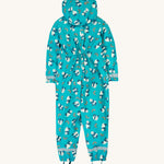 The back of the Frugi kids puddle buster panda play waterproof all in one suit showing the elasticated back detail for a snug fit and reflective straps