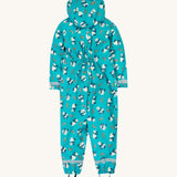 The back of the Frugi kids puddle buster panda play waterproof all in one suit showing the elasticated back detail for a snug fit and reflective straps