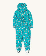 The back of the Frugi kids puddle buster panda play waterproof all in one suit showing the elasticated back detail for a snug fit and reflective straps