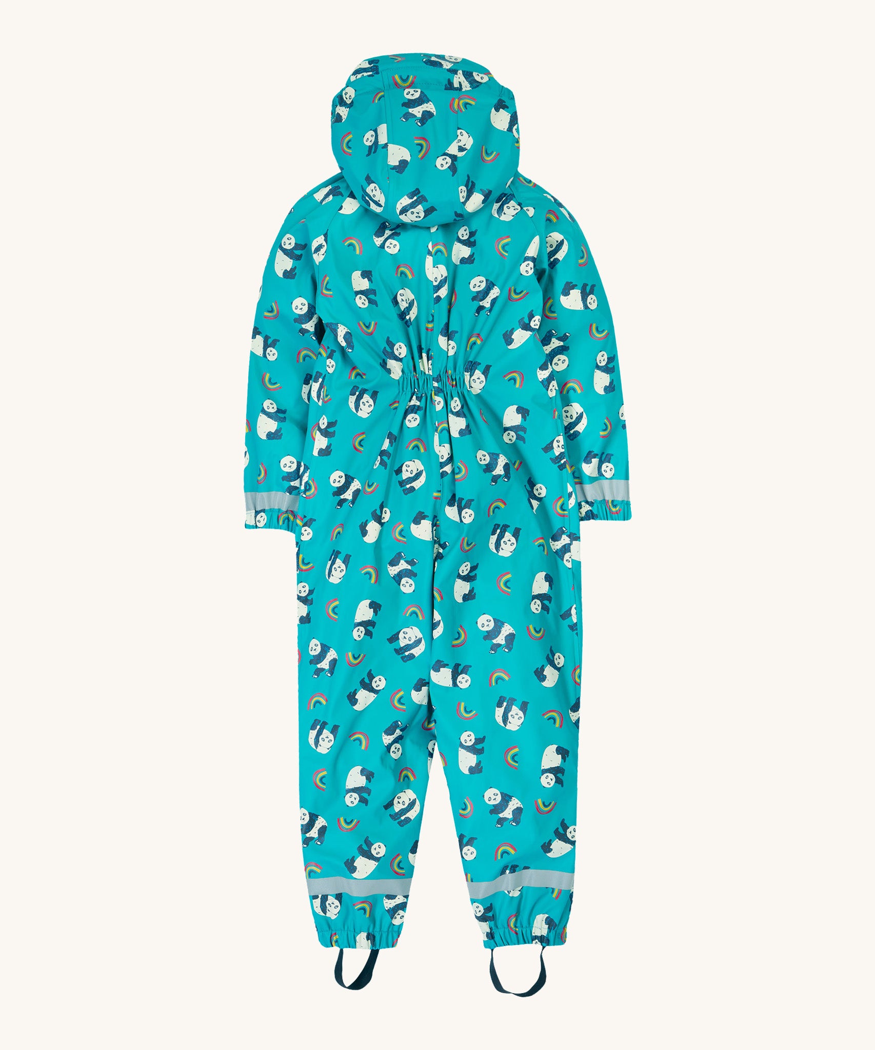 The back of the Frugi kids puddle buster panda play waterproof all in one suit showing the elasticated back detail for a snug fit and reflective straps