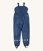Frugi kids puddle buster trousers in navy / panda showing the back elastic detail for a snug fit. Features reflective stars on the bottom of each leg on navy waterproof material