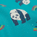 A close up of the panda print on the Frugi panda play puddle buster all in one showing water on the waterproof material 
