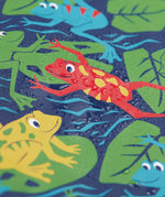 A close up of water on the Frugi puddle buster be hoppy coat showing the waterproof feature.