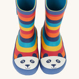 A top down view of the Frugi kids puddle buster wellington boots Showing the the navy trim and playful panda print detail on the toe cap on natural rubber material