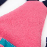 A close up of the Frugi penguin waddle snow and ski salopettes showing pink fleece detail on the bib attached to the back
