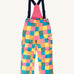 Frugi kids snow and ski salopettes in rainbow check. A recycled polyester waterproof salopettes with a bright check design. Features removable straps and bib.