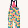 Frugi kids snow and ski salopettes in rainbow check. A recycled polyester waterproof salopettes with a bright check design. Features removable straps and bib.