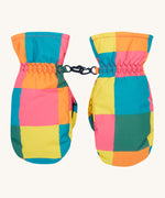Frugi kids rainbow check snow mittens. A pair of recycled polyester winter mittens in a bright check design. features a black clip on each mitten to attach on a ski coat. 