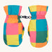 Frugi kids rainbow check snow mittens. A pair of recycled polyester winter mittens in a bright check design. features a black clip on each mitten to attach on a ski coat. 