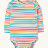 Frugi kids multistripe rainbow betty body available at Babipur. A 100% GOTS organic cotton bodysuit with bright multicoloured stripe. Features popper fasteners on the shoulder and crotch. 